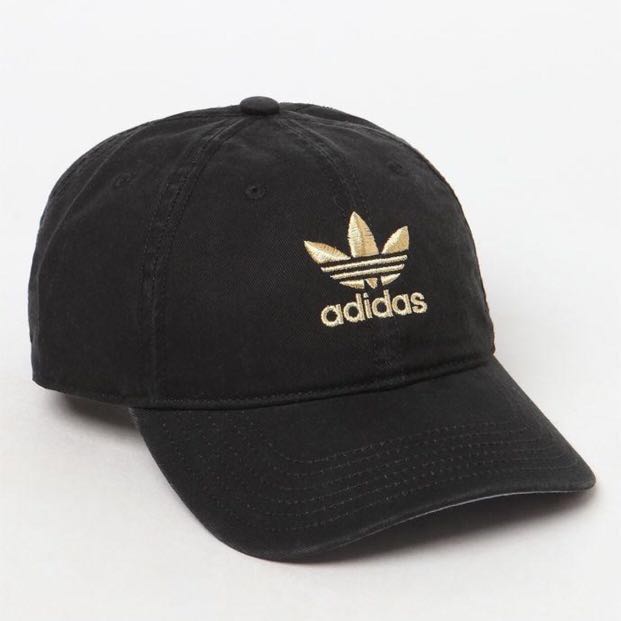 black adidas hat with gold logo