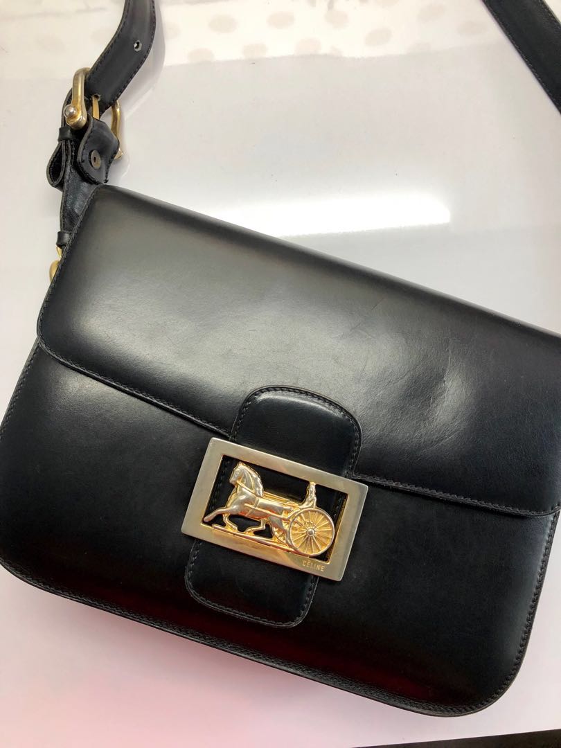 CELINE Shoulder Bag Carriage hardware vintage leather Black Women Used –