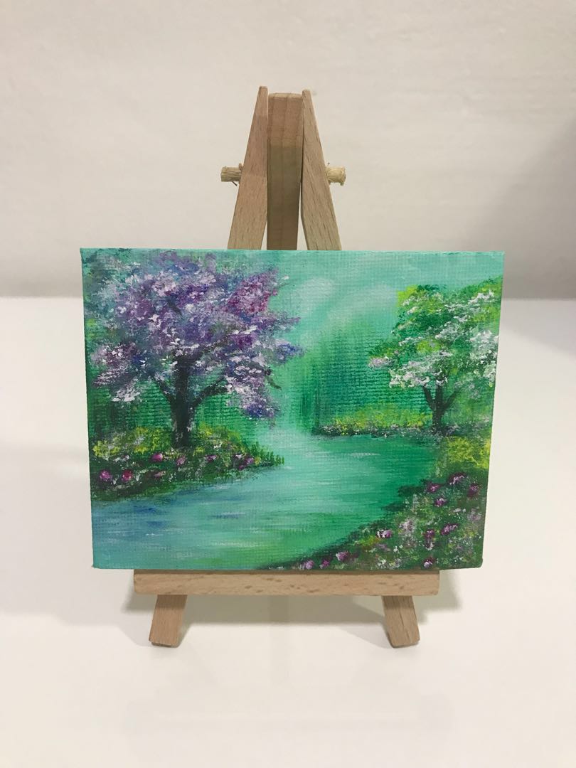 Christmas Gift Mini Canvas Acrylic Painting Green Forest Design