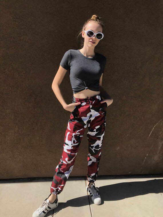 Red camo cargo trousers top