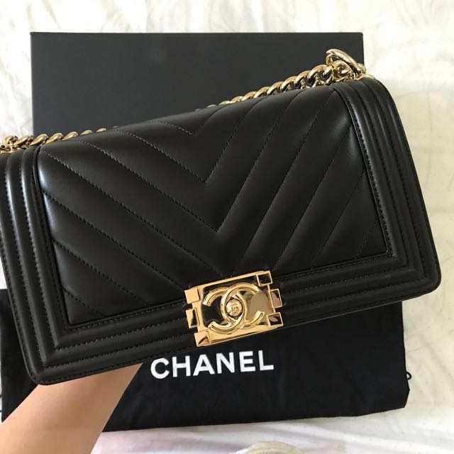 Chanel Le Boy Old Medium Chevron In Champagne Hardware, Luxury, Bags &  Wallets On Carousell