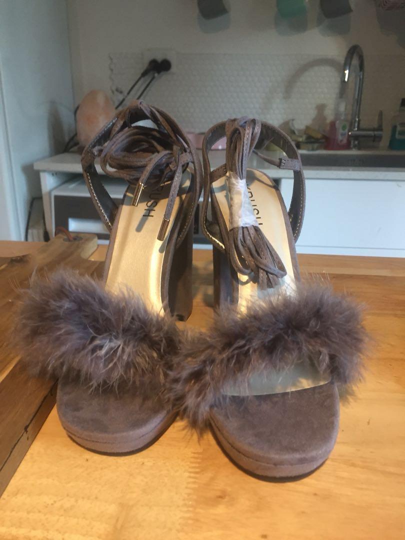 grey fluffy heels