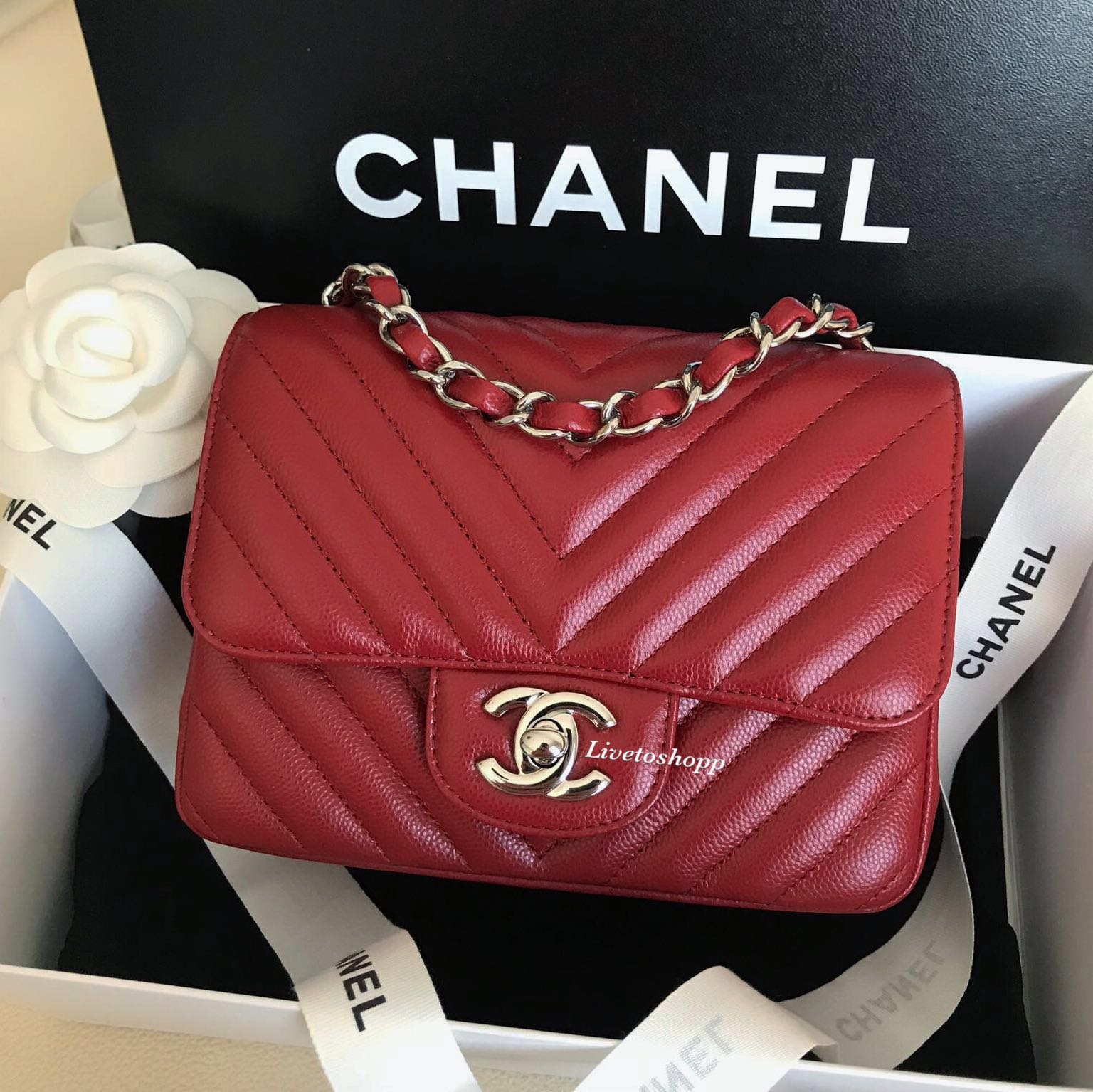 ✨RARE✨ Chanel Mini Square Chevron Flap Bag in Dark Red Caviar Leather ,  Luxury, Bags & Wallets on Carousell