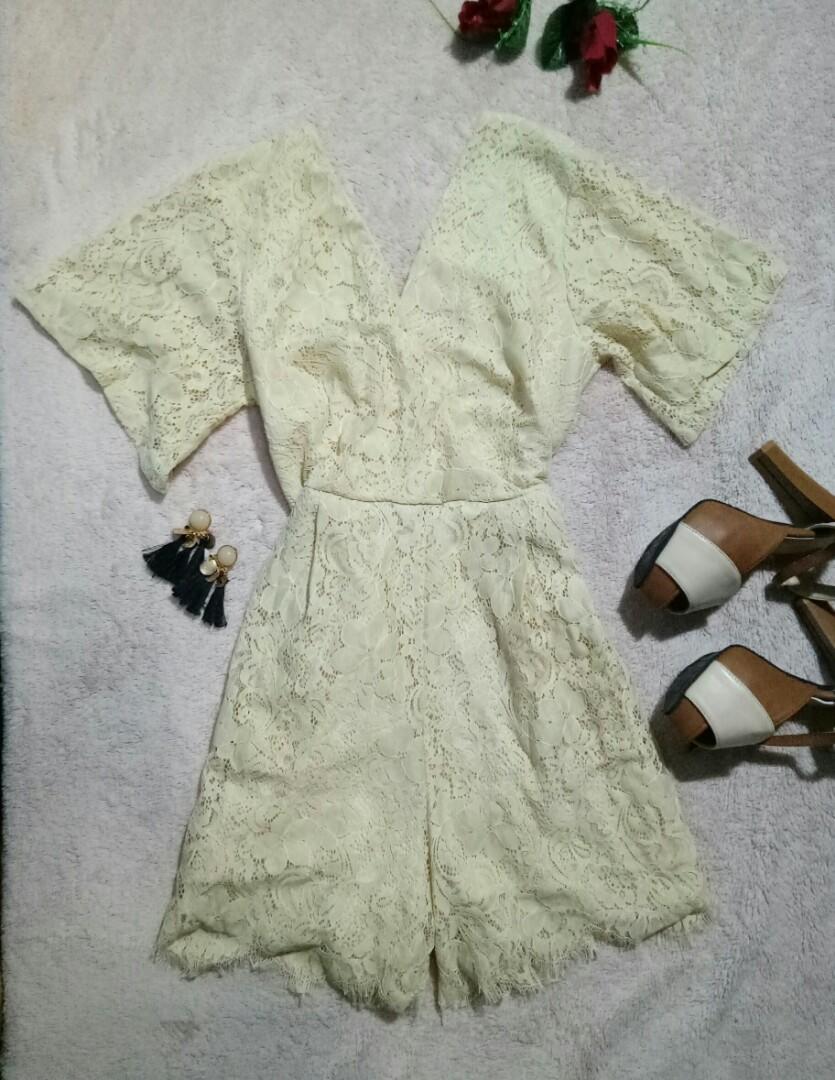 Lace overlap Romper (Category: Rompers) located in Marikina City. Submitted by threefty (Listing ID 198426950, Image 2). Description: Lace Overlap Romper Color: Cream, Zip back Very Cute and classy when worn Worn once for a wedding event Fits Small to Medium.