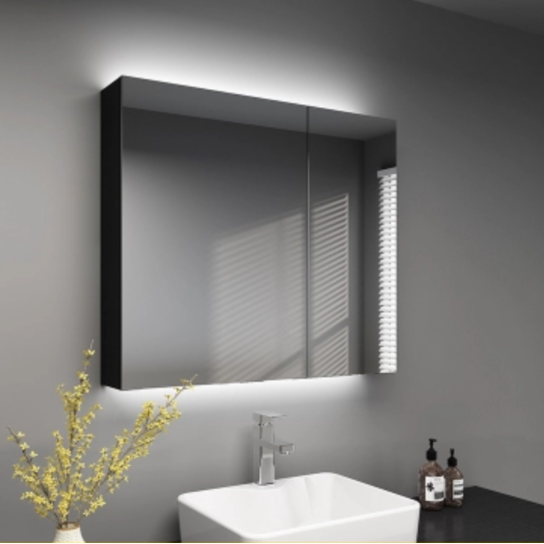 Black Solid Wood Bathroom Mirror Cabinet With LED, Furniture & Home