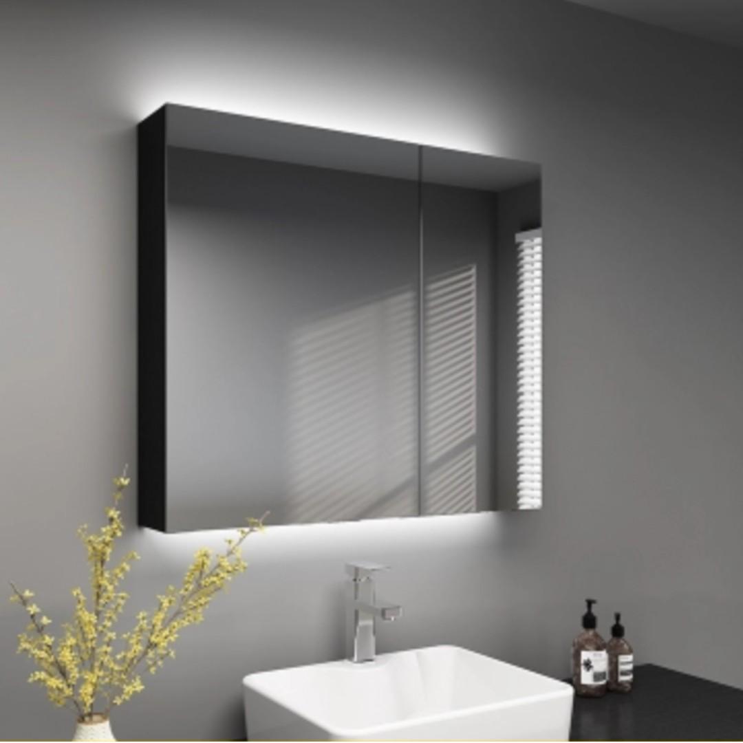 Black Solid Wood Bathroom Mirror Cabinet With Led
