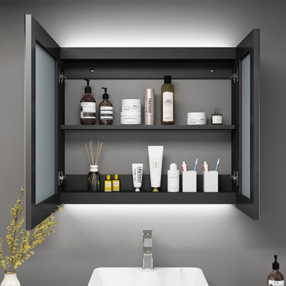 Black Solid Wood Bathroom Mirror With LED, Furniture & Home