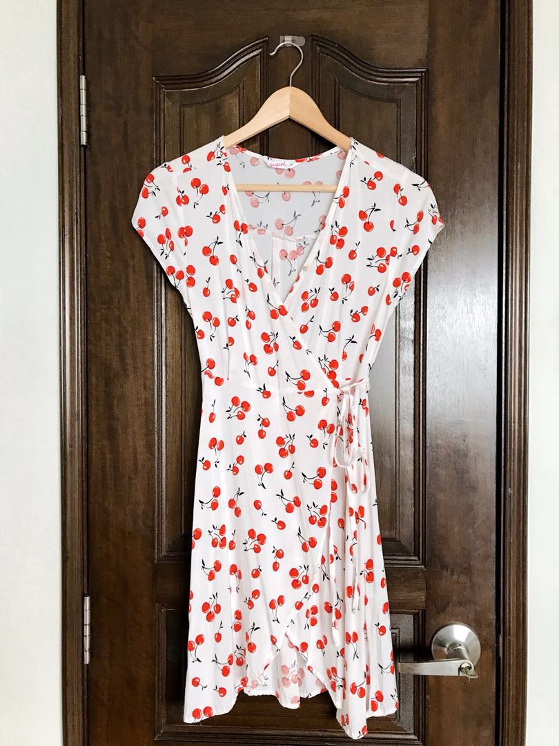 Supre Cherry Print Wrap Dress in White 