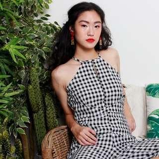 Halter Neck Gingham Jumpsuit with Open Back