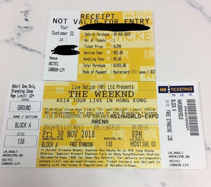 The Weeknd Asia Tour Live in Hong Kong Block A Standing, 門票＆禮券, 本地景點門票及