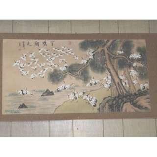 Vintage Chinese Scroll 100 Cranes Painting 43.75 in x 22.75
