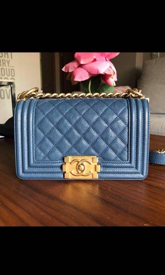 Chanel Boy Small In Blue Caviar And Antique Brushed Gold Hardware, Luxury,  Bags & Wallets On Carousell