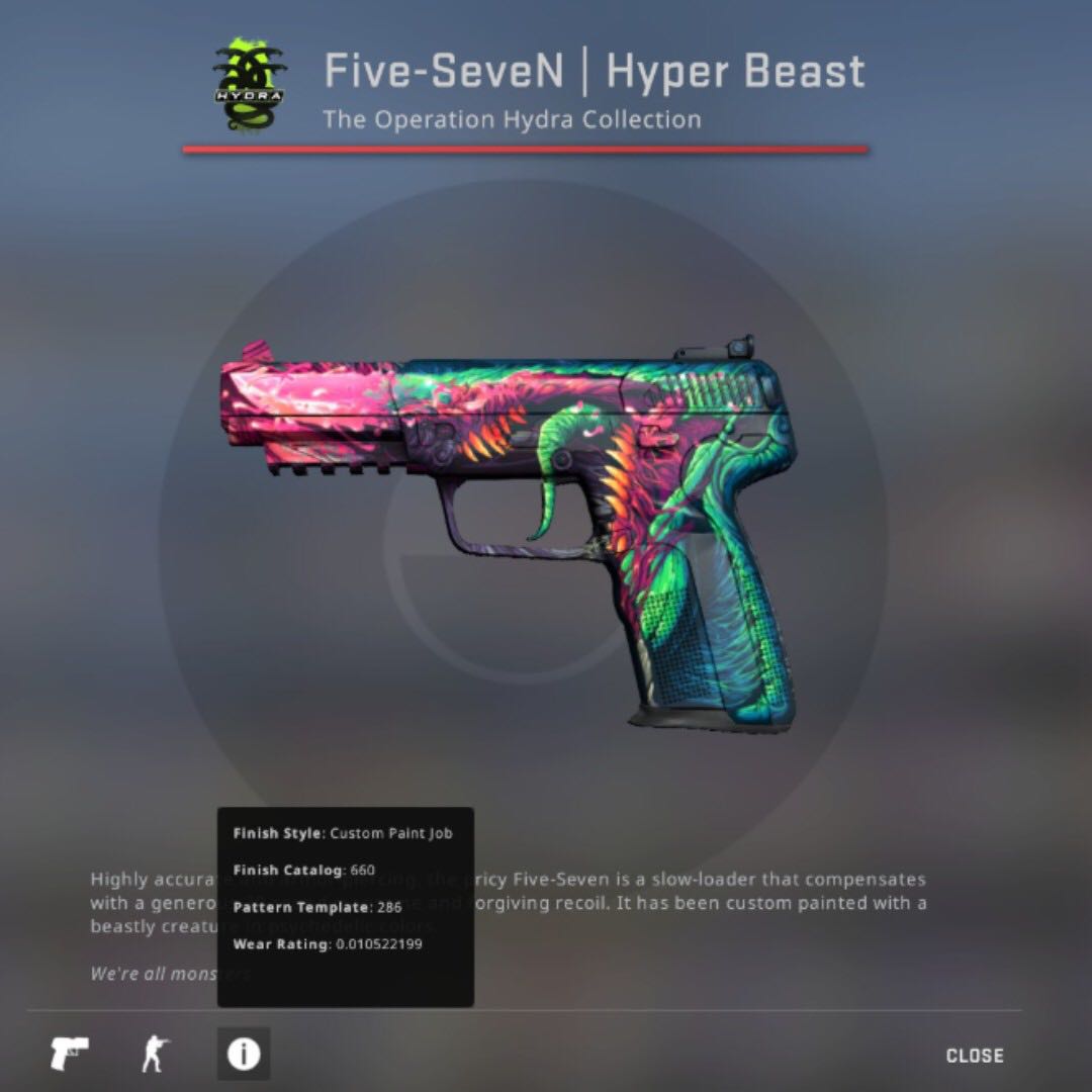 Factory New Five Seven Hyper Beast 0 0105 Float Value Toys Games Video Gaming In Game Products On Carousell - five seven roblox