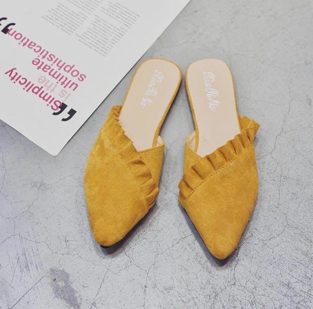 yellow suede mules