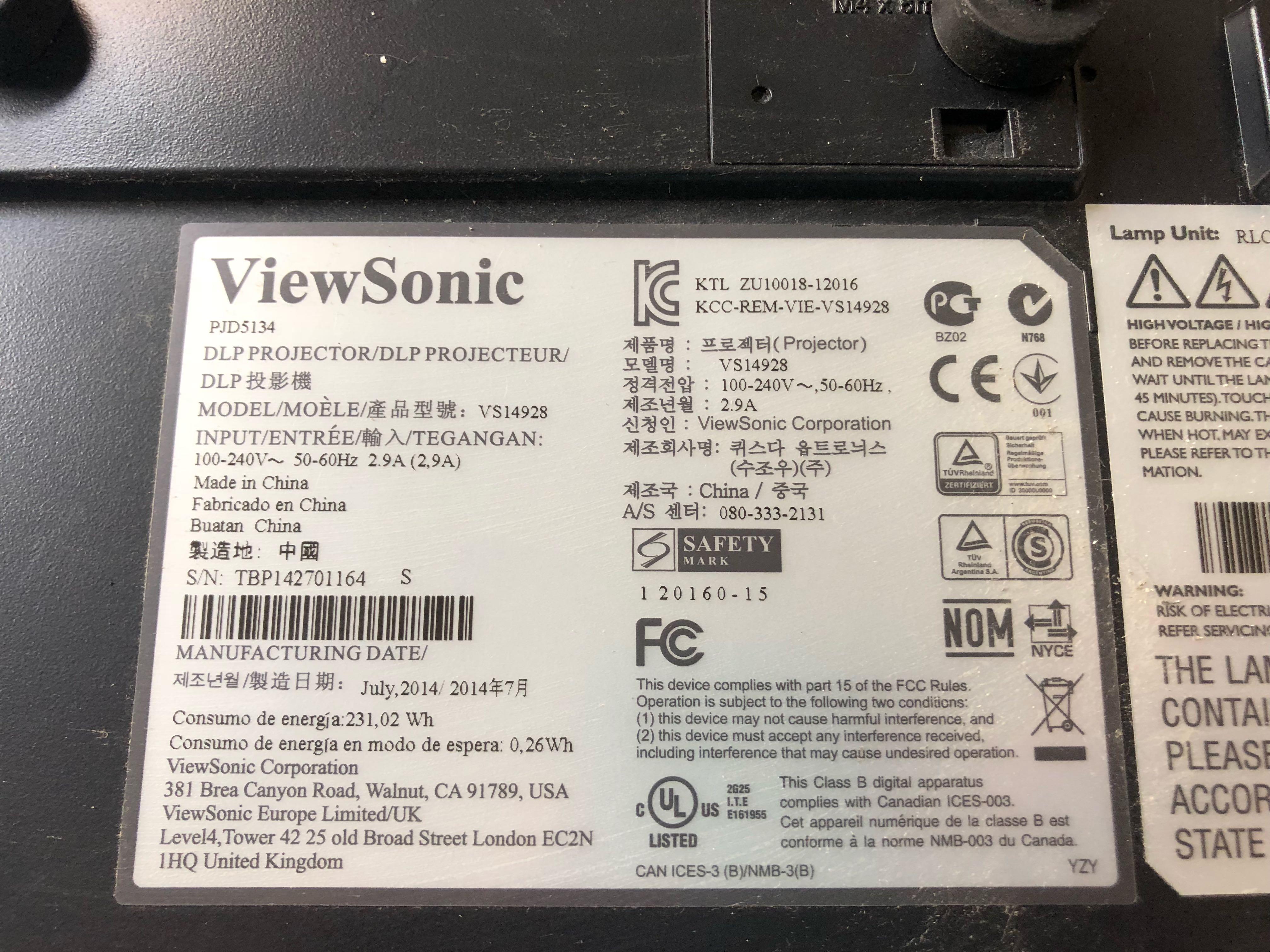 Viewsonice Serial Number ViewSonic projector, TV & Home Appliances, TV & Entertainment ...