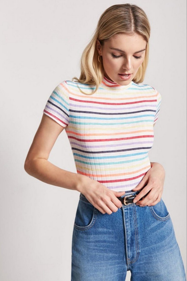 FOREVER 21 / F21 Ribbed Multistripe Turtleneck Cropped Top, Women's  Fashion, Tops, Sleeveless on Carousell