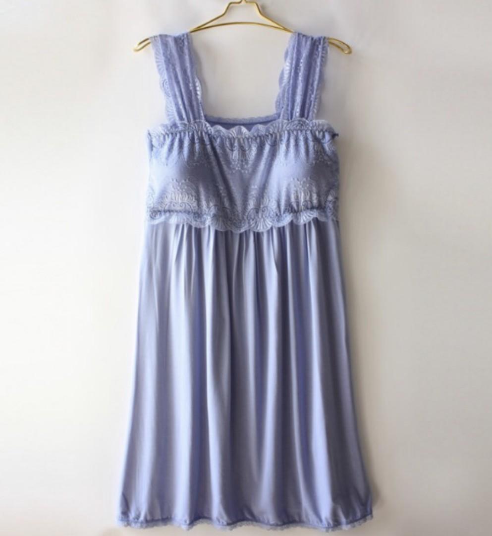 InStock, Include Delivery) Blue color women's pyjamas / pajamas / nightwear  / night gown, with built-in-bra / shelf bra, Women's Fashion, Tops,  Sleeveless on Carousell