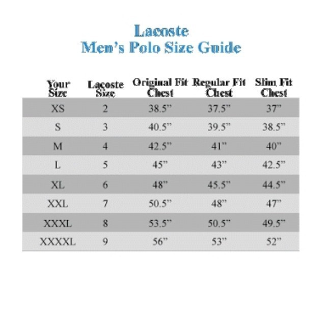 lacoste size chart canada