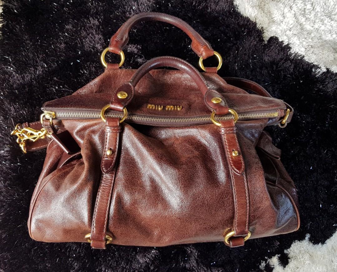 Auth MIU MIU Vitello Lux Bow Bag Cognac Colour Medium Size, Luxury, Bags &  Wallets on Carousell