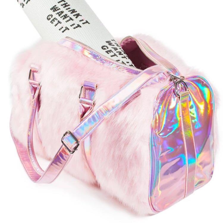 pink fluffy duffle bag