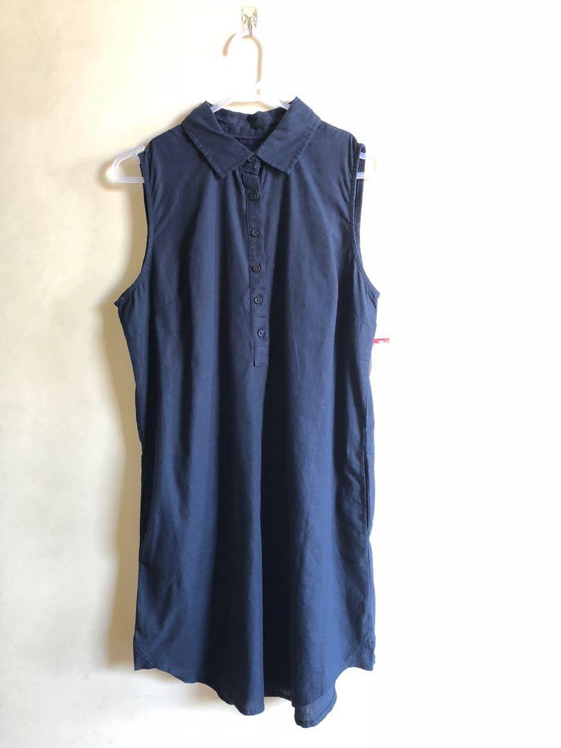Basic Editions New With Tag Navy Linen Blend Dress Women S