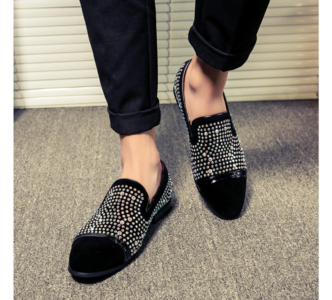 shoes loafers black bling style slip 