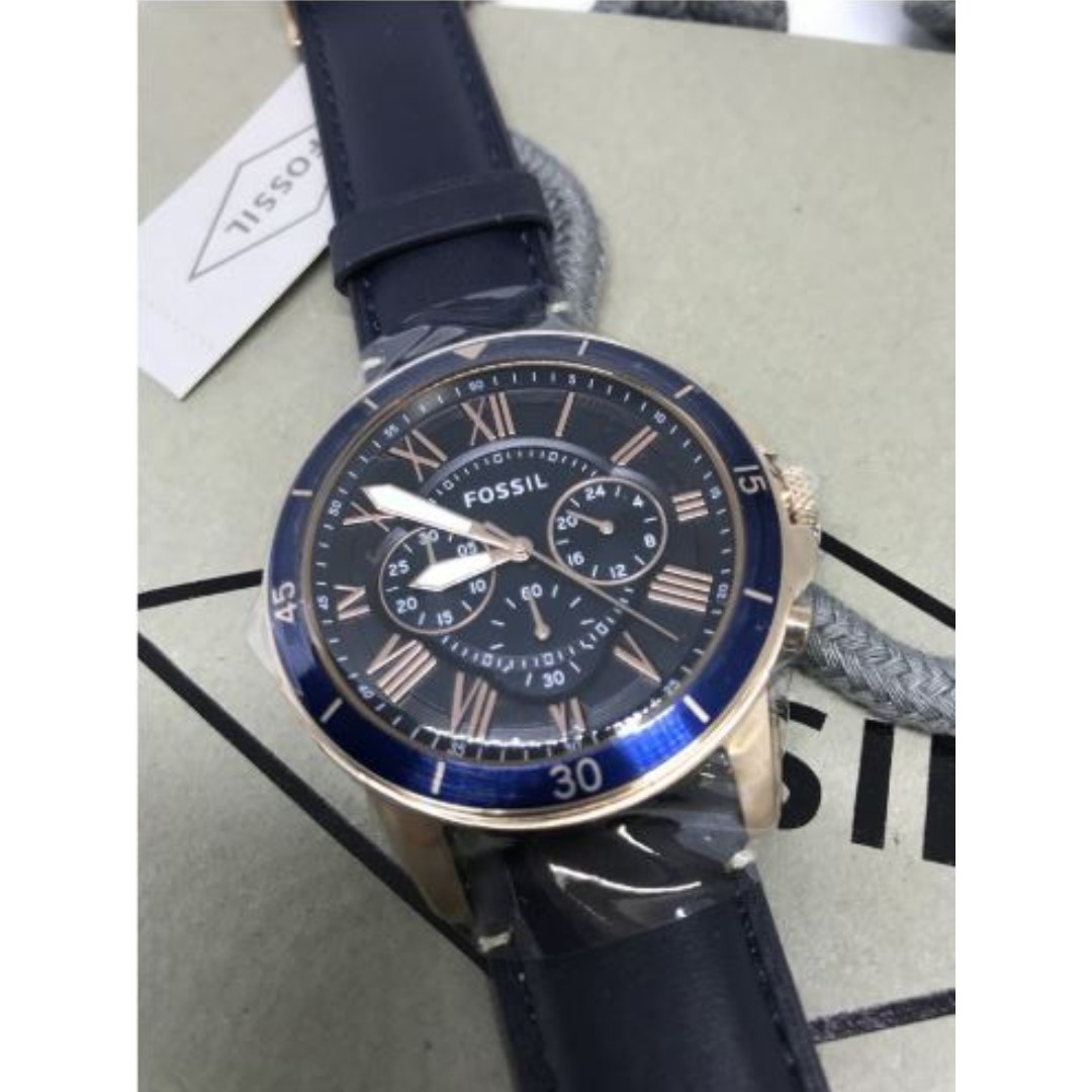 Original Fossil Watch Grant Sport Chronograph Blue Leather Watch 44mm FS5237