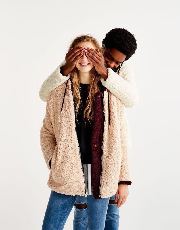 Pull and Bear Reversible Shearling Jacket Fleece Hoodie Teddy Coat Medium Burgundy Cream M L RARE Women s Fashion Coats Jackets and Outerwear on Carousell