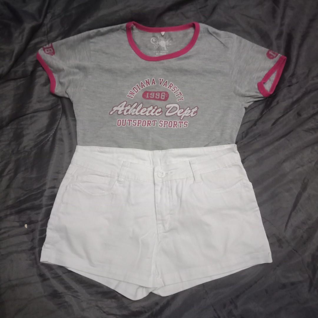 bundle (Category: Other Tops) located in Singapore. Submitted by saltedeggpopcorn (Listing ID 199201345, Image 1). Description: brand new without tag ringer shirt - 6 dollar 17" ptp white denim shorts - 8 dollar 14" across as a set - 10 dollar tags ulzzang tumblr hws trade lf looking for flash sales negotiable.