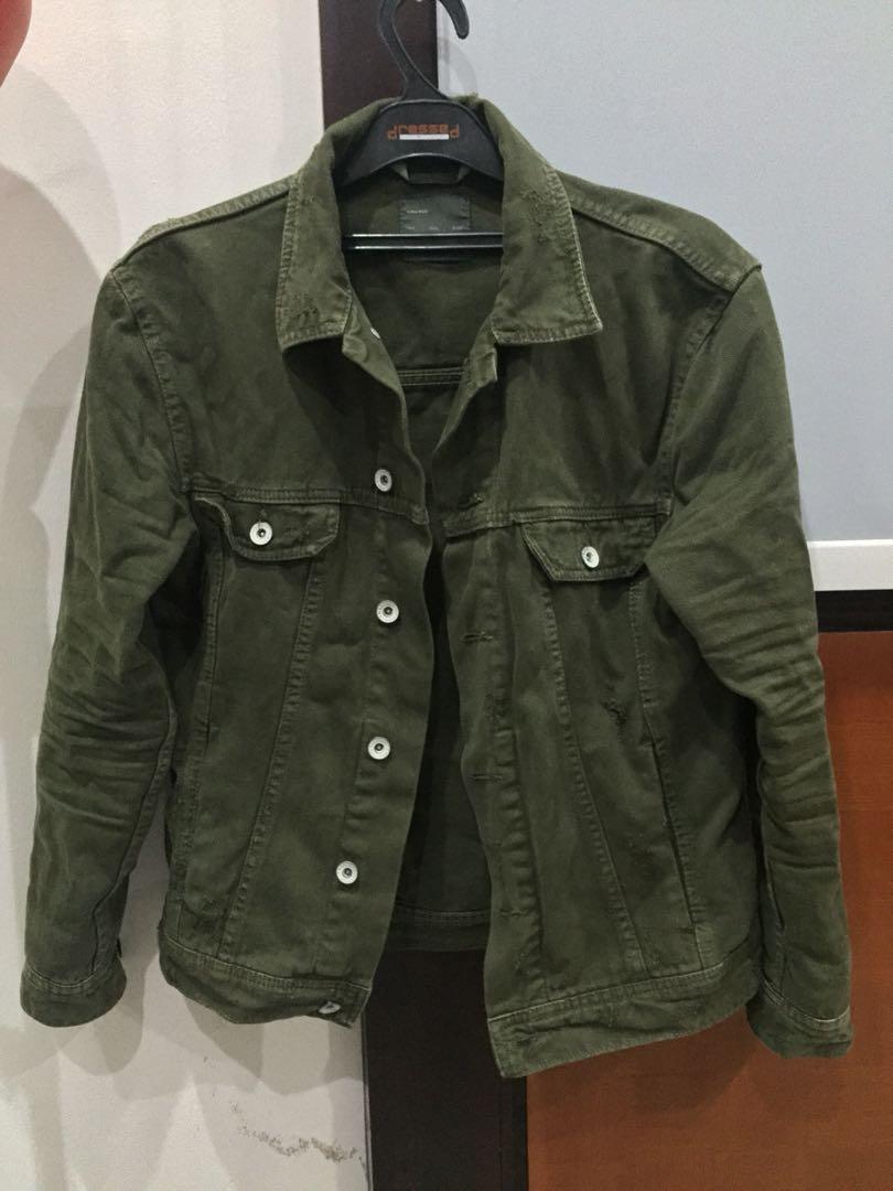 Zara green denim jacket, Fesyen Pria 