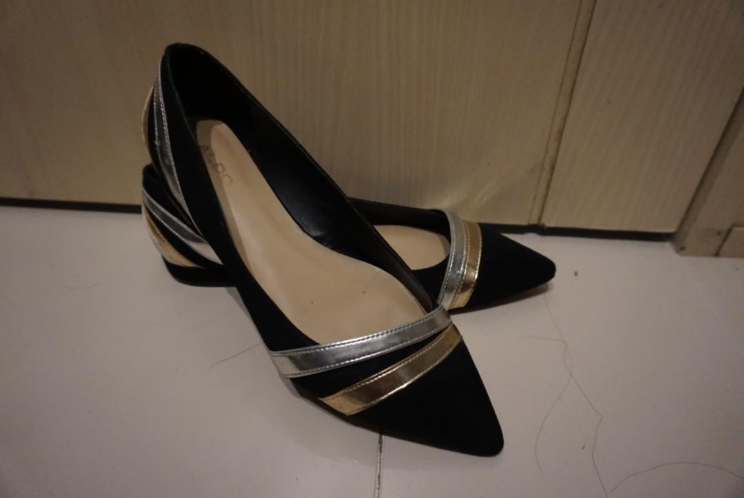 Aldo black low heel flats with silver 