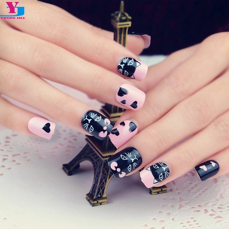Cat Pink Design Faux Ongles Avec Colle Cute Fake False Nails
