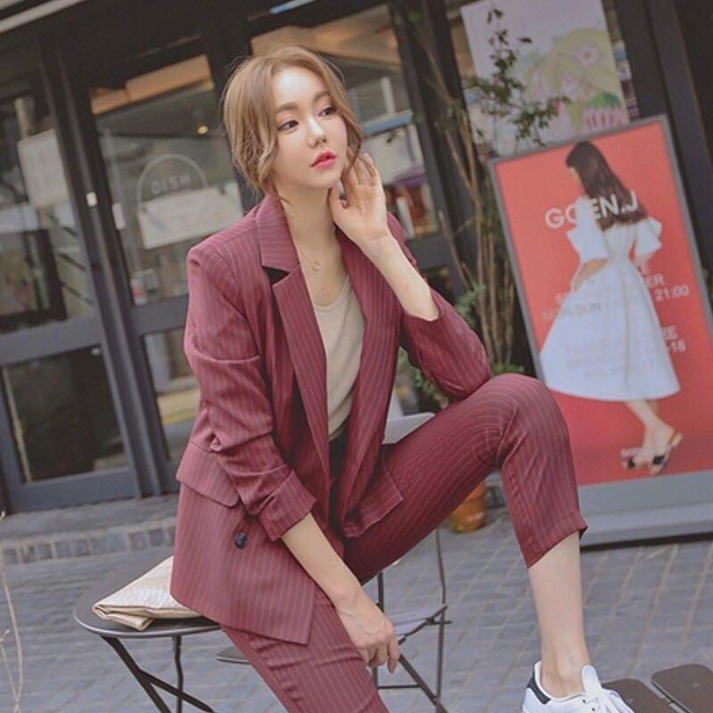 Korean Style Ol Suit Stripe Suits Two Piece Set Women S Fashion Clothes Pants Jeans Shorts On Carousell