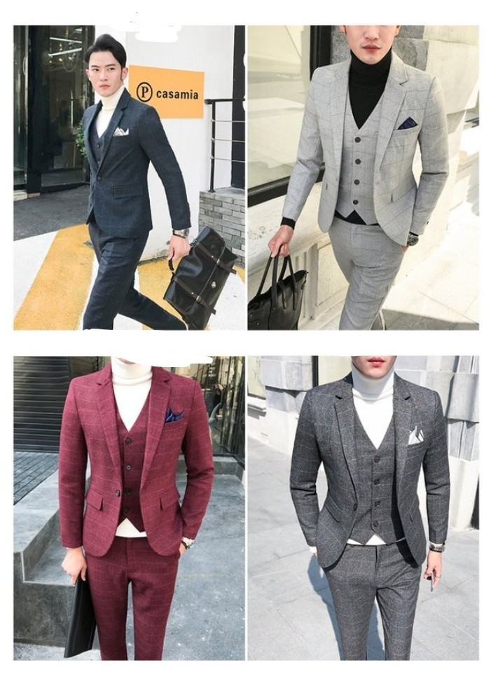 Men suit plaid stripe deisgn grey blue red jacket slim fit Men s