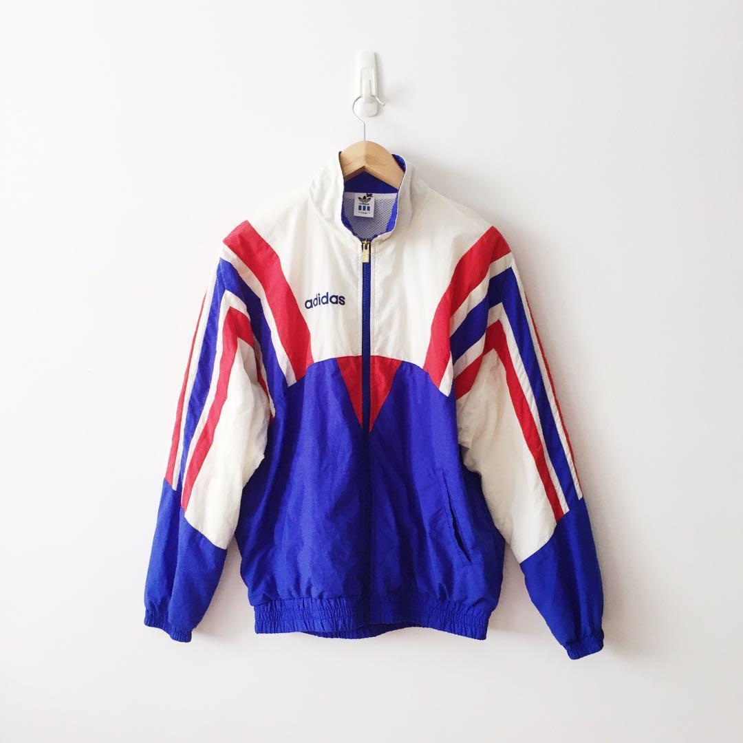 red and blue vintage adidas bomber jacket