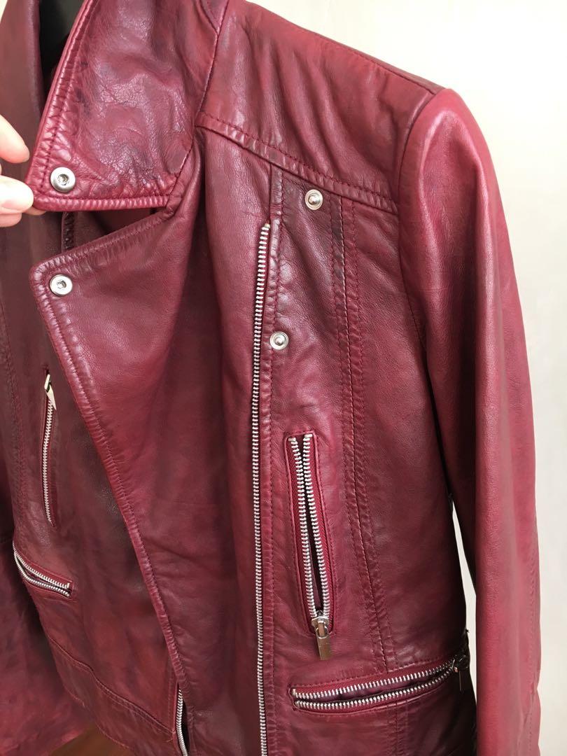 Maroon red leather jacket top