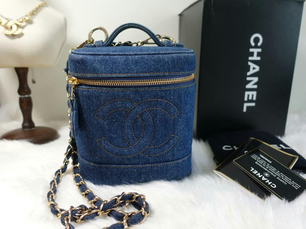 Chanel Blue Quilted Denim Pearl Crush Mini Vanity Case Gold