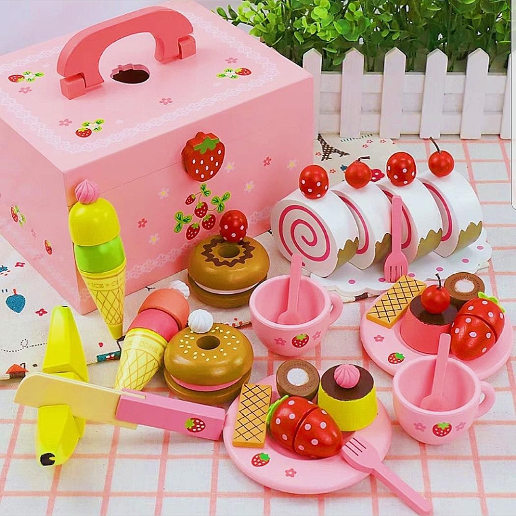 Pink Wooden Afternoon Tea Cake Dessert Ice Cream Sweets Candy Doughnuts Pudding Toy Set Hobbies Toys Toys Games on Carousell