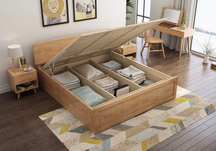 Scandinavian Solid Wood Bed Frame (Hydraulic Storage), Furniture & Home