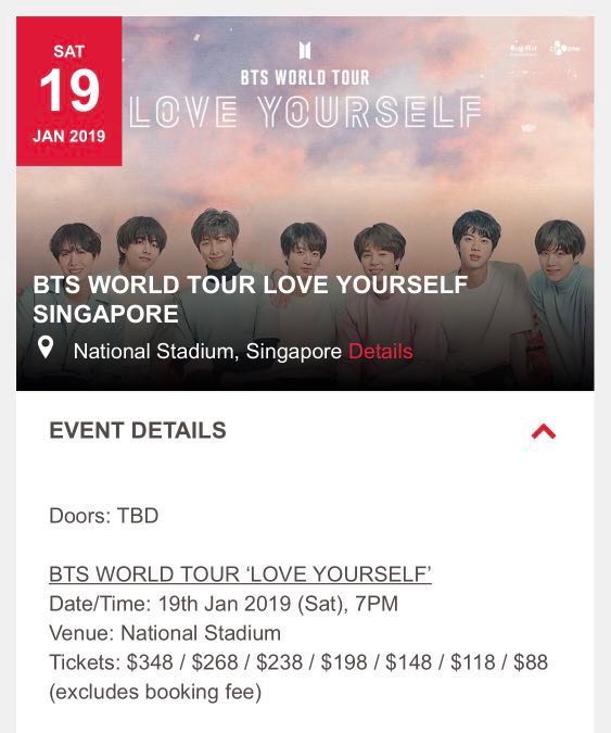 Selling Bts Love Yourself World Tour Singapore Physical Concert Tickets,  Tickets & Vouchers, Event Tickets On Carousell