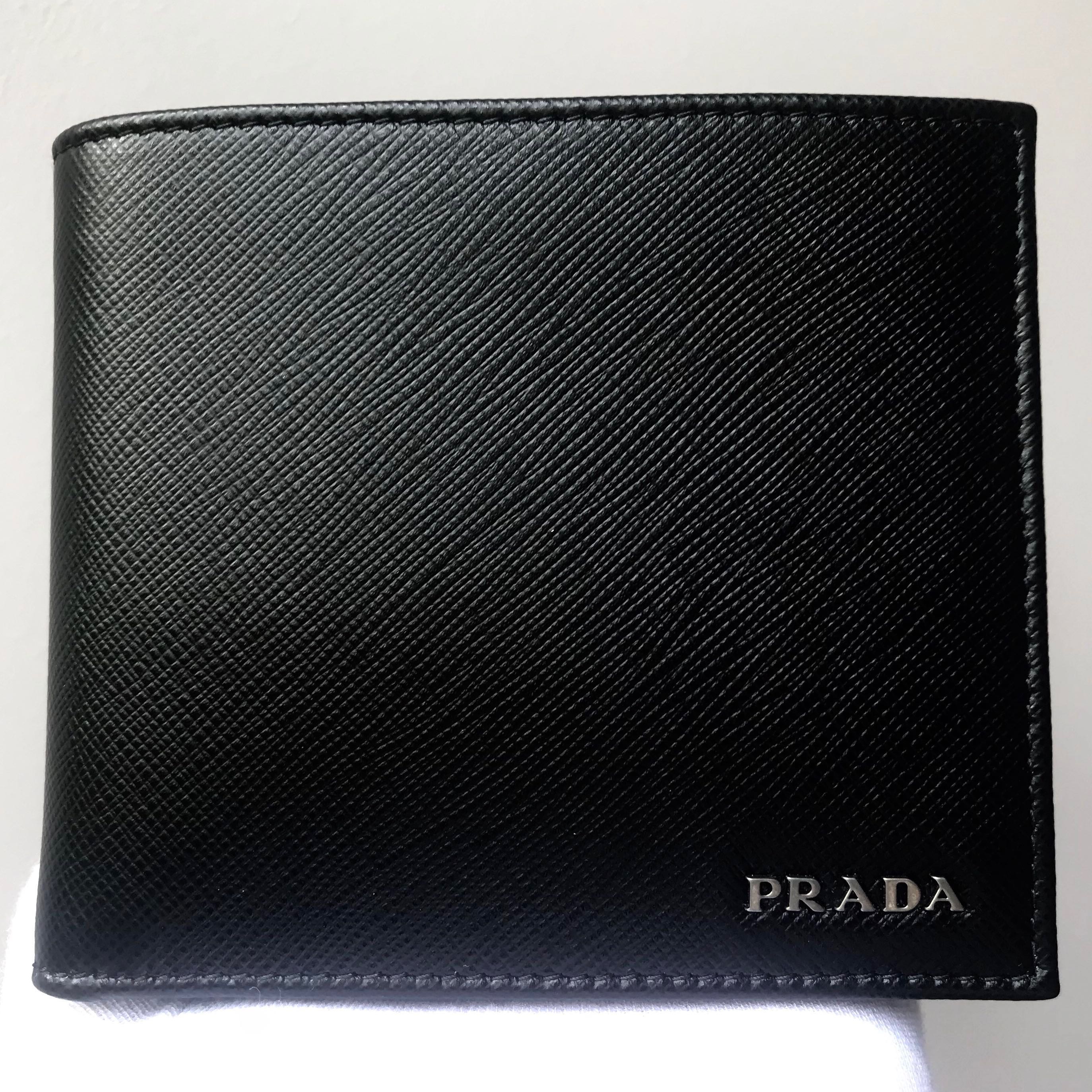 PRADA Black + Dark Blue Saffiano Leather Men's Bifold Wallet 100% AUTH ...