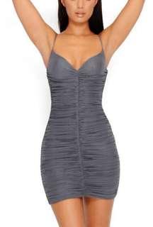 OH POLLY GREY RUCHED MINI DRESS