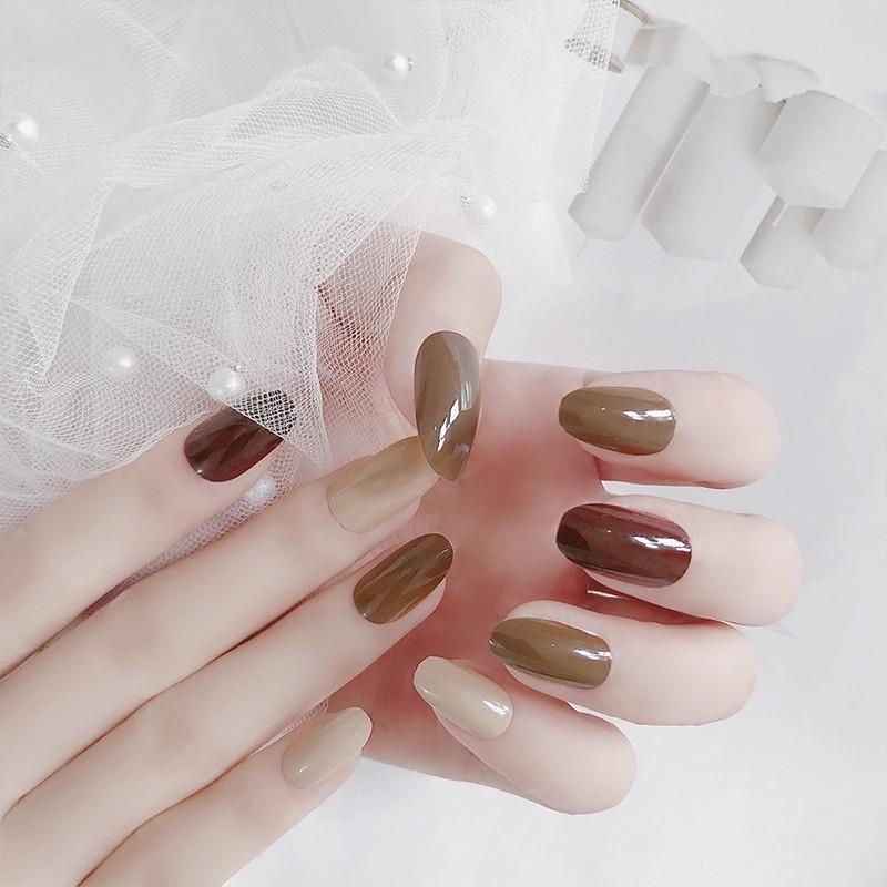 24pcs Square Round False Nails Cream Green Pure Color Acrylic
