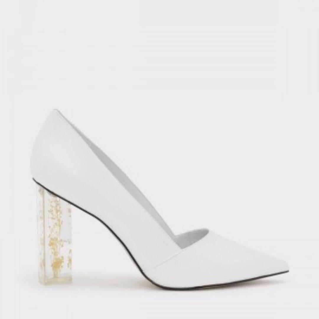 Charles Keith Floral Lucite White Heel Pumps