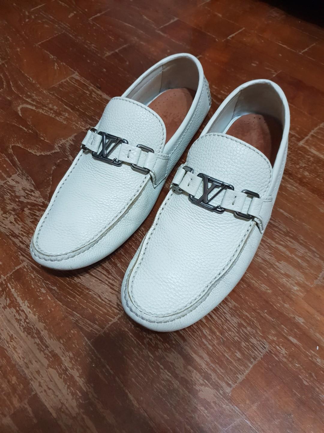 Louis Vuitton, white grained leather loafers. - Unique Designer Pieces