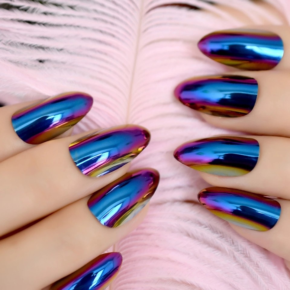 Metallic Mirror Artificial Fake Nails Unicorn Chromeleon Nails Art Tips Glamour Stiletto Quality Nail Decoration Set