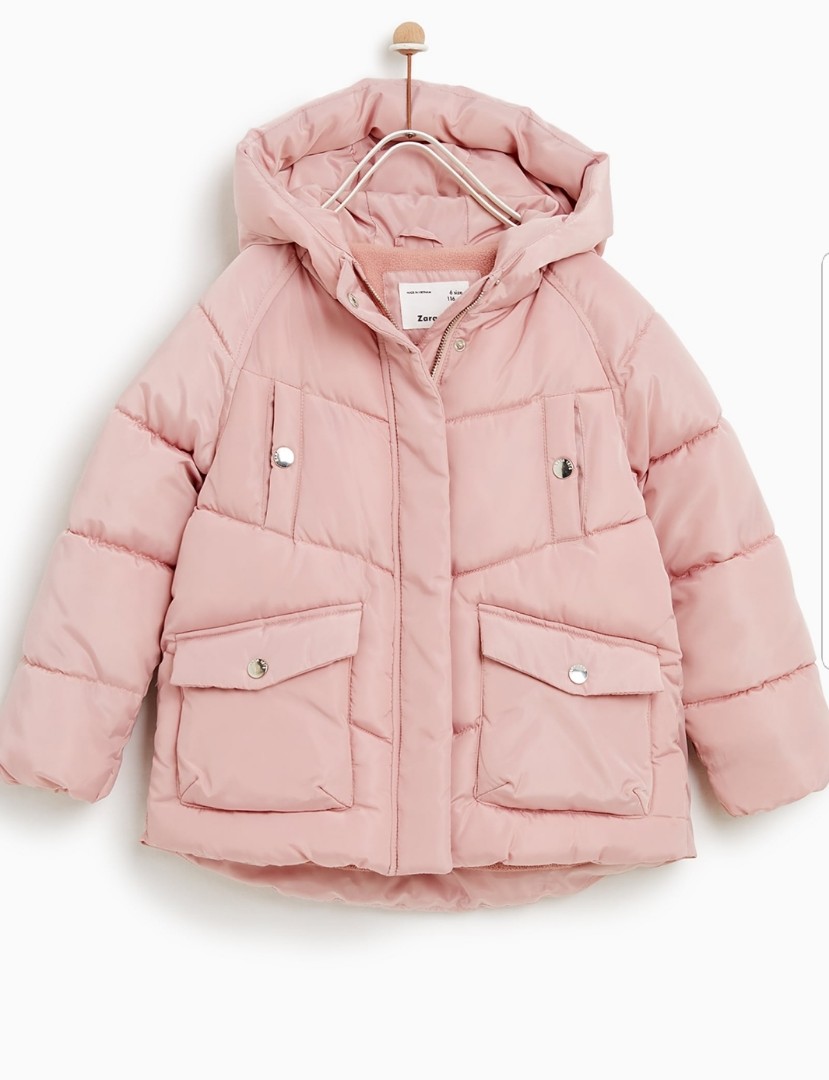 Zara Pink Hooded puffer jacket with long sleeve., Babies & Kids, Babies ...