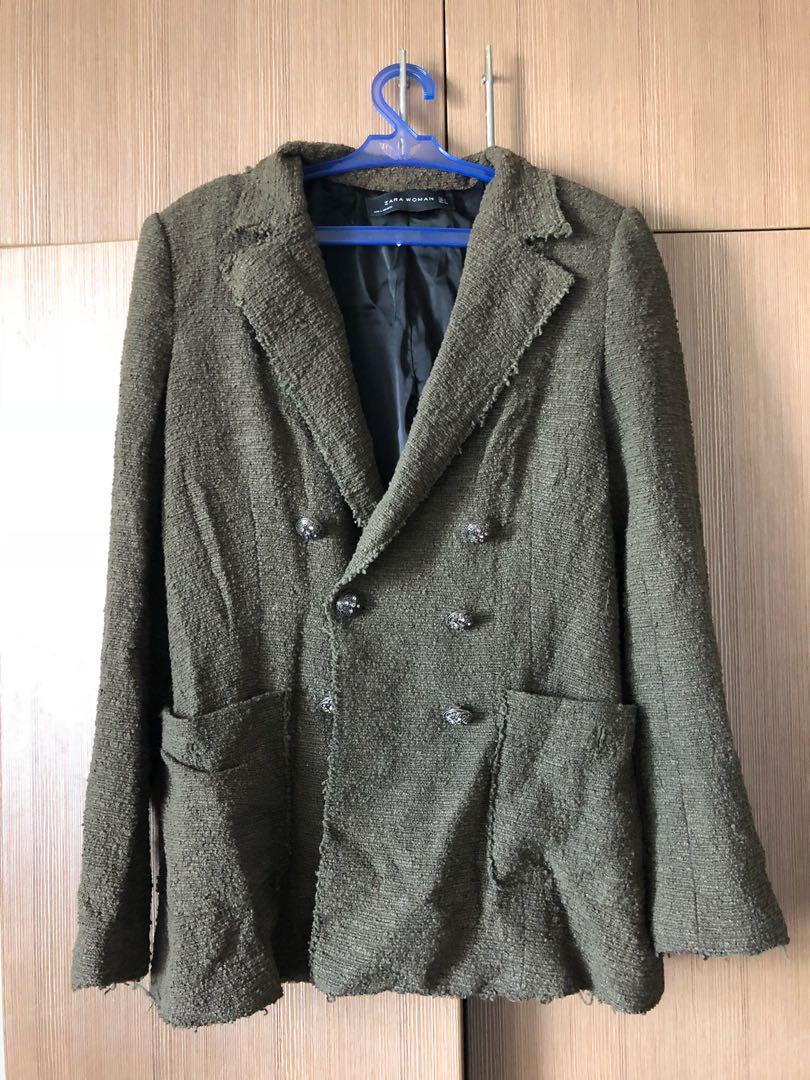 Zara Woman Moss Green Jacket (Category: Others Tops) located in Manila. Submitted by ailas (Listing ID 199643590, Image 1). Description: Used once only. Can ship through Xend or meetups at Robinsons Manila.