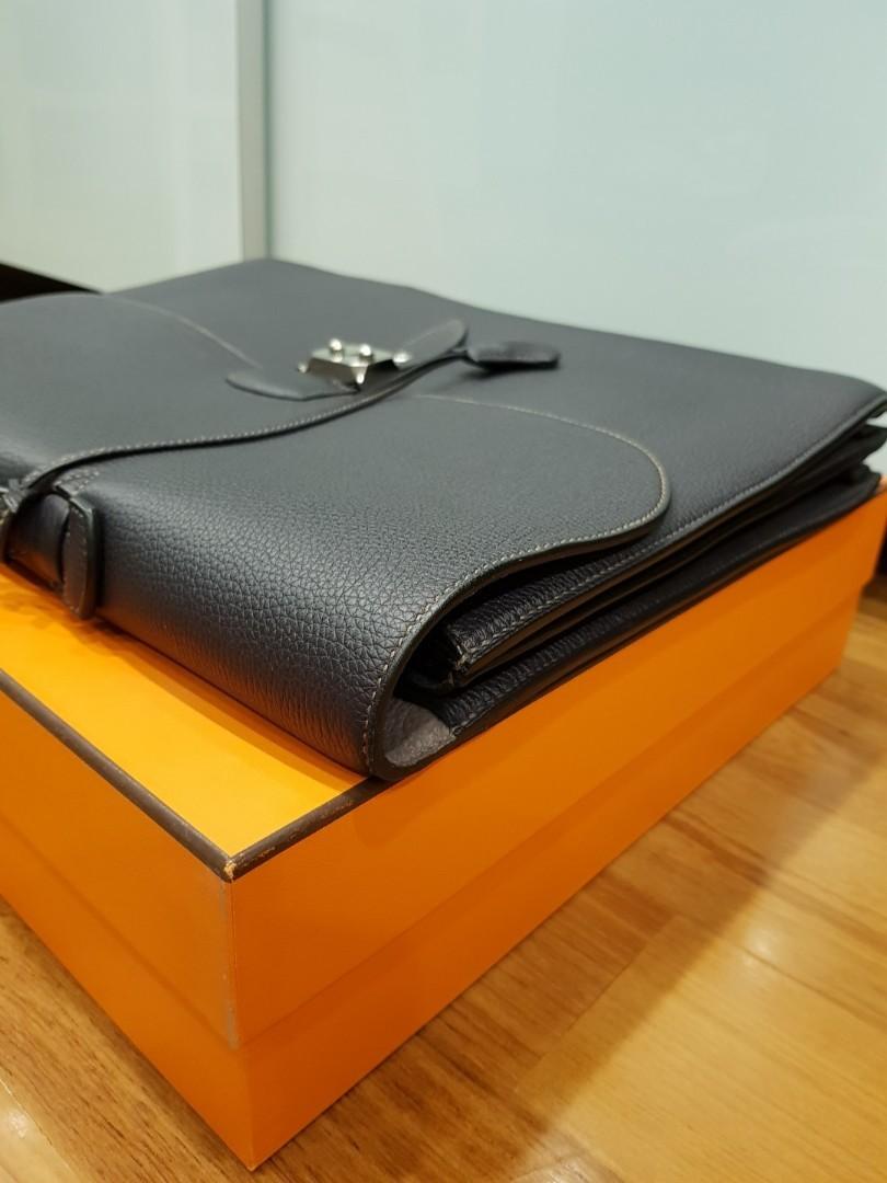 64716 auth HERMES black Box leather SAC A DEPECHES 2-41 Briefcase Bag