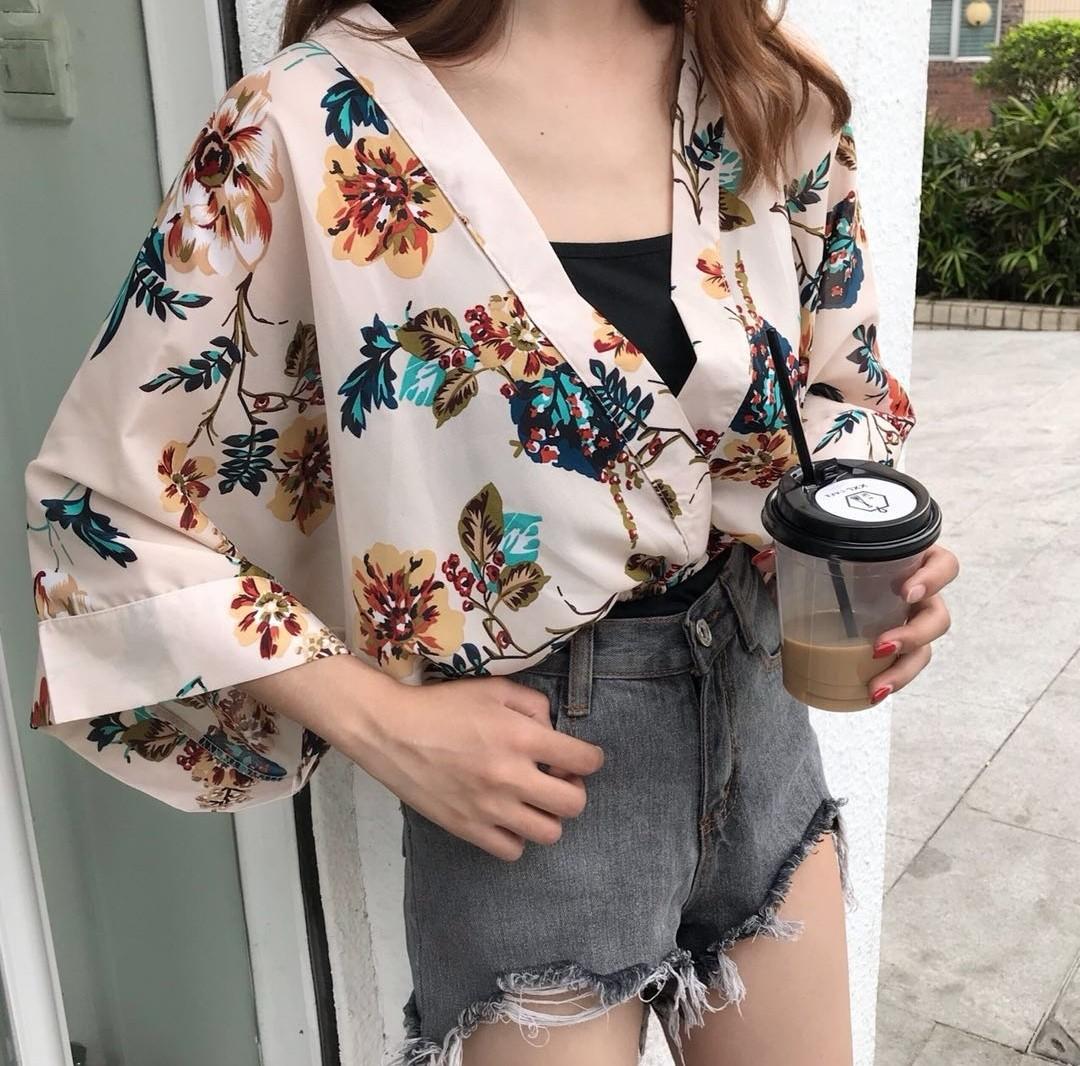 Japanese Kimono Apricot Top Outerwear Pullover Long Sleeves Loose Scarf Style Chiffon V Navy Blue Red Floral